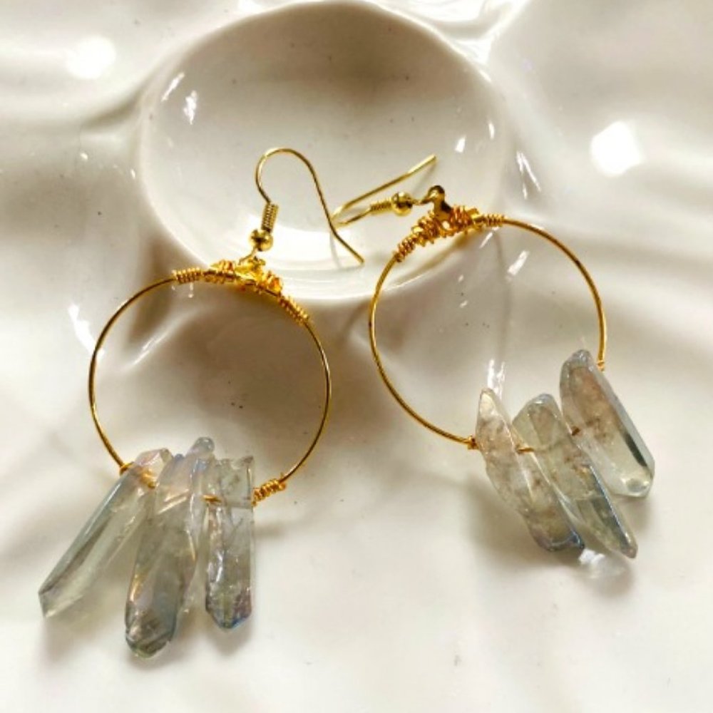 crystal quartz gold hoop earrings